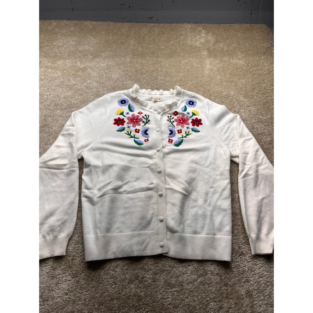 Marled White Floral Embroidered Ruffle Neck Cardigan Sweater Womens Large